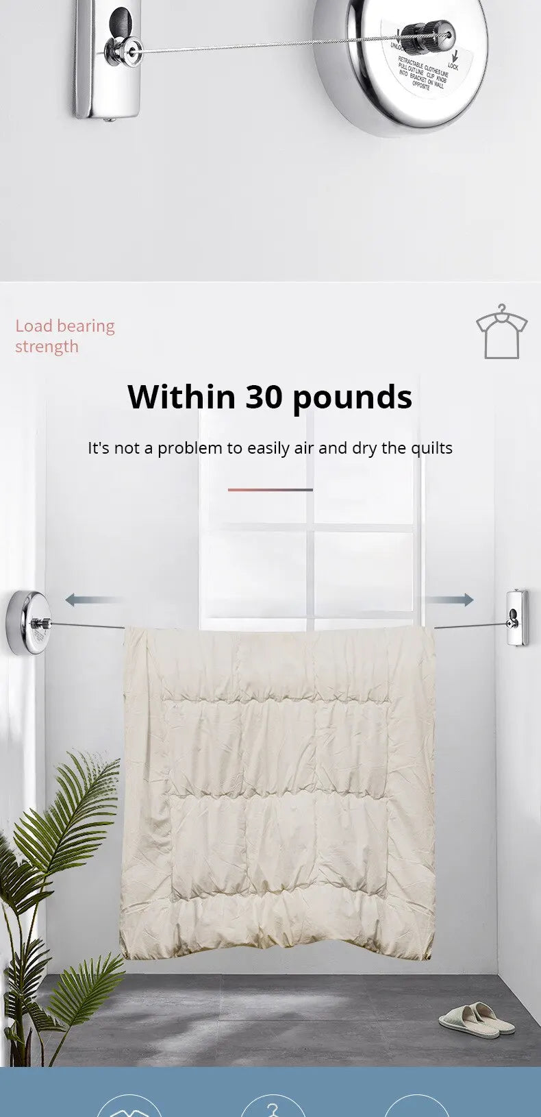 Wall-mounted Clothes Line Windproof 2.8m Adjustable Strength